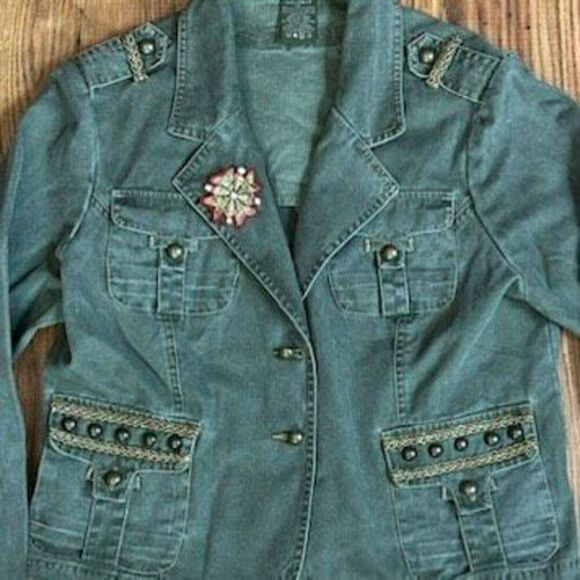 Military Style Green Cotton Denim Jacket Embellished With Gold Sz XL - Picture 4 of 7